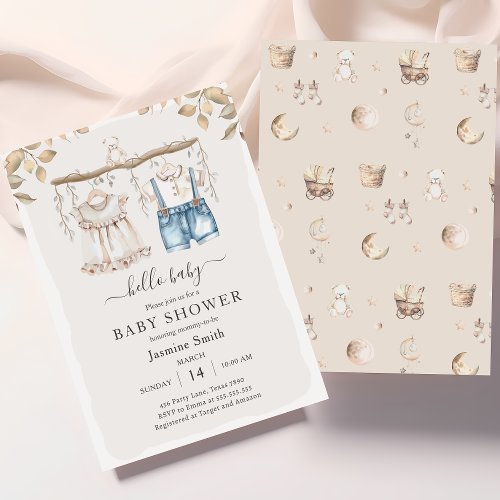 Hello Baby Elegant Boho Clothes Baby Shower Invitation