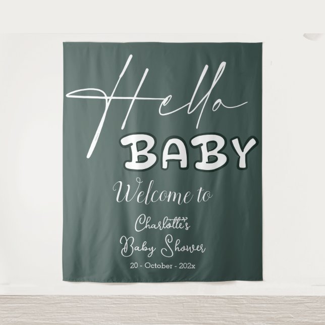 Hello Baby Elegant Dark Green Baby Shower Backdrop (Front)