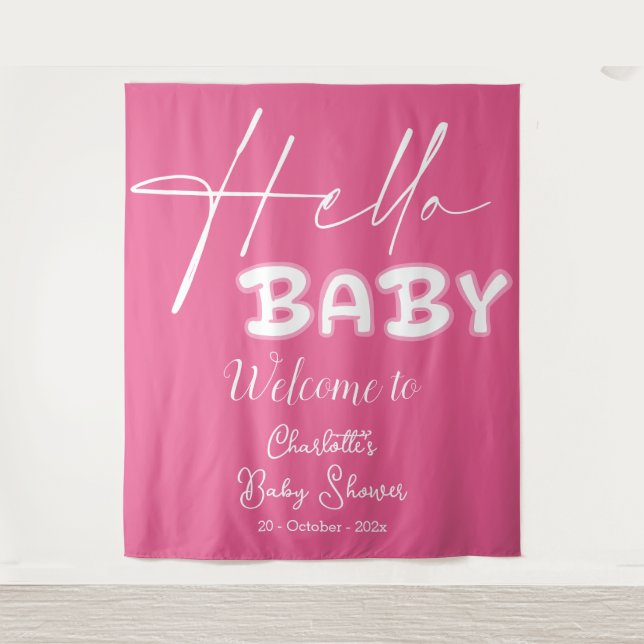 Hello Baby Elegant Dark Pink Baby Shower Backdrop (Front)