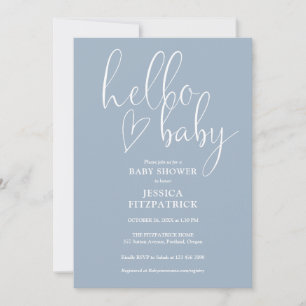 Hello Baby Elegant Script Dusty Blue Baby Shower Invitation