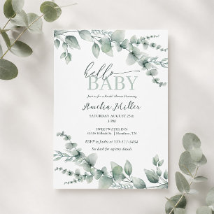 Hello Baby Eucalyptus Greenery Neutral Baby Shower Invitation