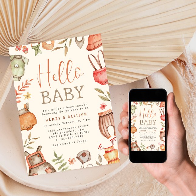 Hello Baby Fall Boho Clothes Baby Shower Invitation (Creator Uploaded)