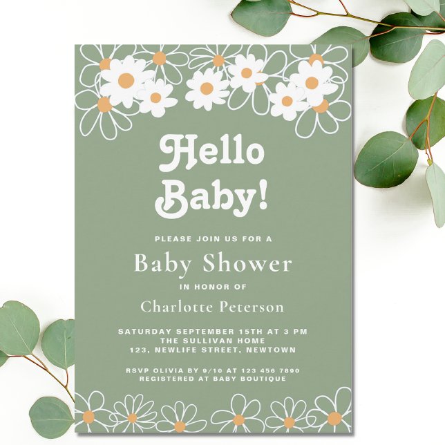 Hello Baby Gender-Neutral Daisy Green Baby Shower  Invitation (Creator Uploaded)