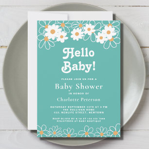 Hello Baby Gender-Neutral Daisy Teal Baby Shower Invitation