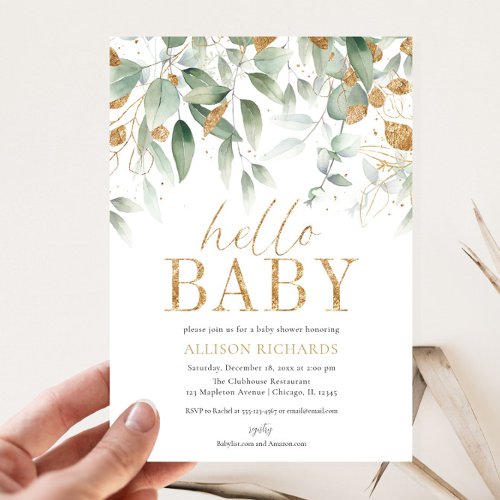 Hello Baby Gender Neutral greenery gold shower Invitation