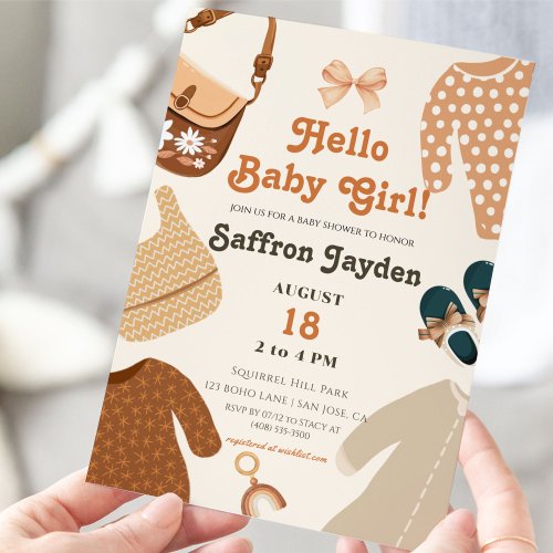Hello Baby Girl Clothes Retro Earthy Baby Shower Invitation