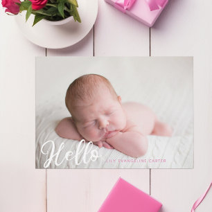 Hello Baby Girl Photo Simple Script Pink Birth Announcement