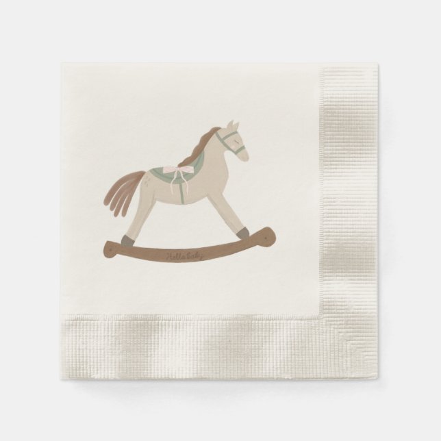 Hello Baby Girl Pink & Green Bow Rocking Horse Napkins (Front)