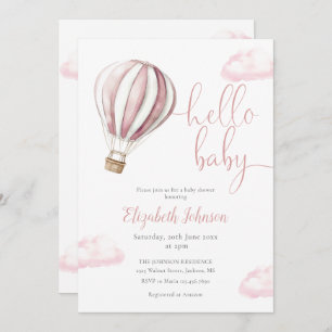 Hello Baby Girl Pink Hot Air Balloon Baby Shower Invitation