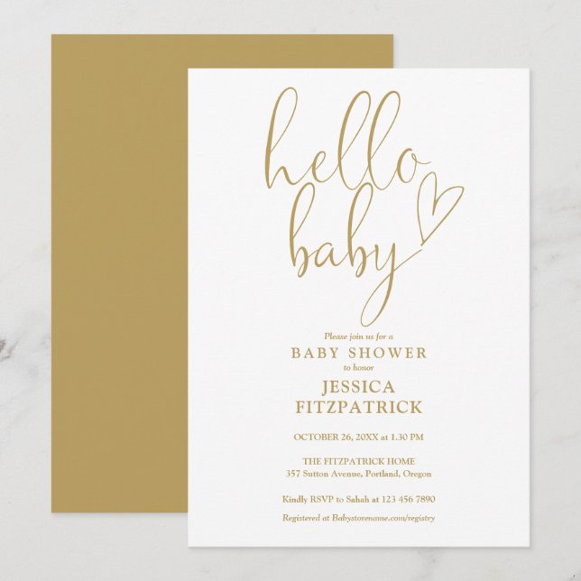 Hello Baby Gold Heart Script Baby Shower Invitation (Front/Back)