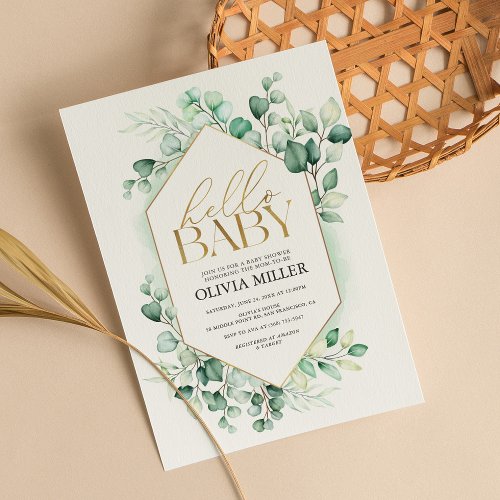 Hello Baby Greenery Eucalyptus Watercolor Shower Invitation