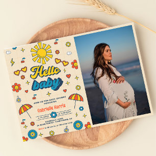 Hello Baby Groovy Retro Baby Shower Party Photo Invitation