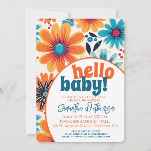 Hello Baby Groovy Retro Boho Flower Baby Shower Invitation