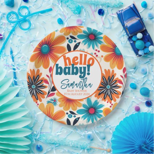 Hello Baby Groovy Retro Boho Flower Baby Shower Paper Plates