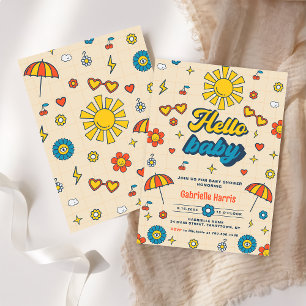 Hello Baby Groovy Retro Daisy Baby Shower Party Invitation