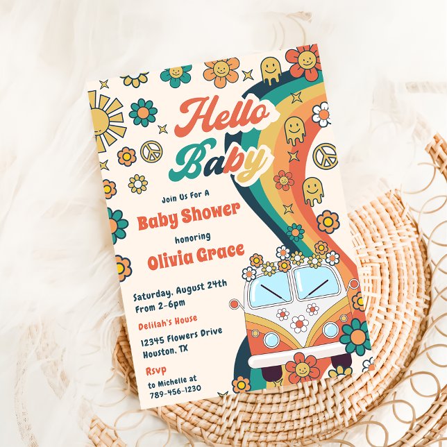 Hello Baby Groovy Retro Floral Baby Shower Party Invitation (Creator Uploaded)