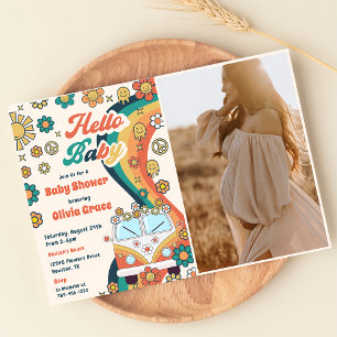 Hello Baby Groovy Retro Floral Baby Shower Party Invitation
