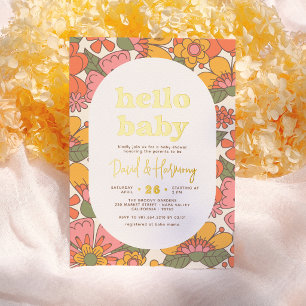 Hello Baby   Groovy Retro Floral Gold Baby Shower Foil Invitation