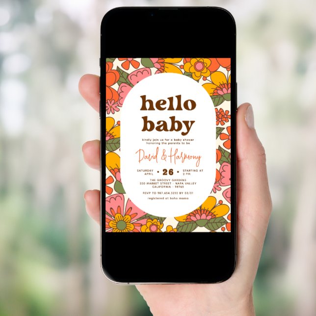 Hello Baby | Groovy Retro Flowers Boho Baby Shower Invitation (Front Digital)