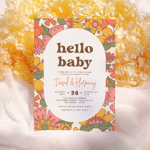Hello Baby Groovy Retro Flowers Boho Baby Shower Invitation