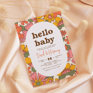 Hello Baby   Groovy Retro Flowers Boho Baby Shower Invitation