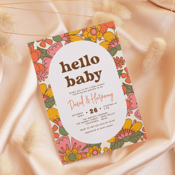 Hello Baby | Groovy Retro Flowers Boho Baby Shower Invitation by Cali_Graphics at Zazzle