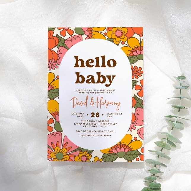 Hello Baby | Groovy Retro Flowers Boho Baby Shower Invitation (Creator Uploaded)