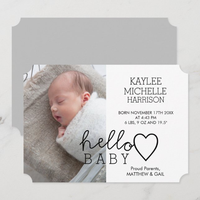 Hello Baby Heart Girls Birth Announcement (Front/Back)