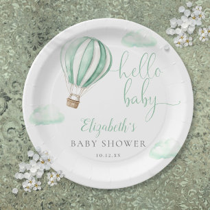 Hello Baby Hot Air Balloon Neutral Baby Shower Paper Plates