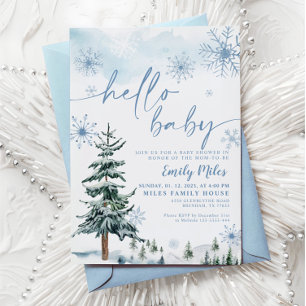 Hello Baby invitation, Winter blue baby shower Invitation