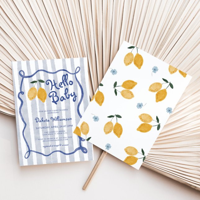 Hello Baby Lemon Boys Baby Shower Invitation (Lemon Boys Whimsical Baby Shower Invite)