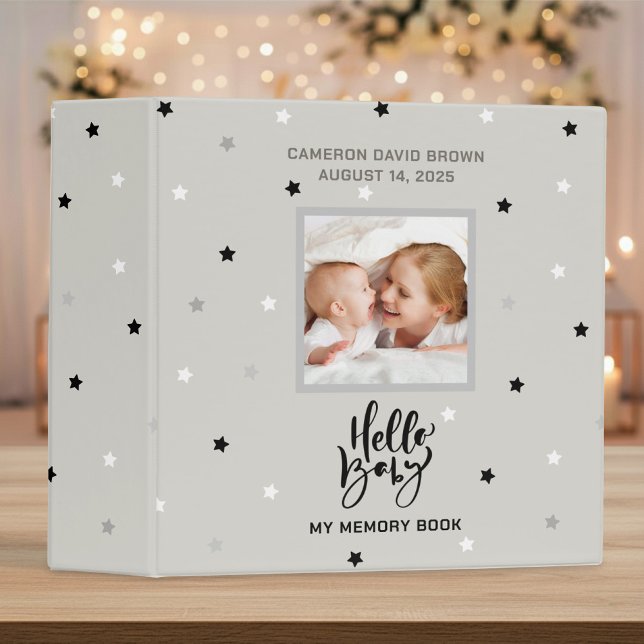 Hello Baby Memory Book Tiny Star Gray Custom Image 3 Ring Binder (Creator Uploaded)