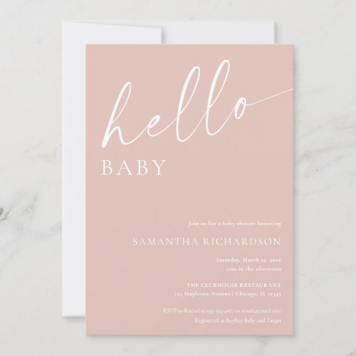 Hello baby minimalist blush pink girl baby shower invitation