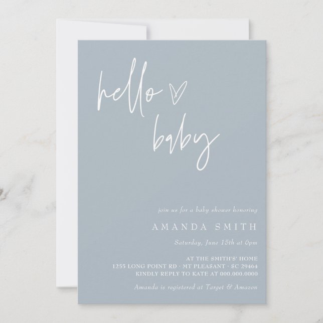 Hello Baby Minimalist Boho Blue Boy Baby Shower  I Invitation (Front)
