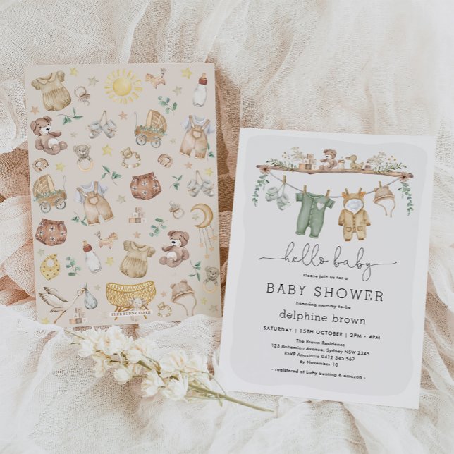 Hello Baby Modern Boho Baby Clothes Neutral Shower Invitation (Creator Uploaded)