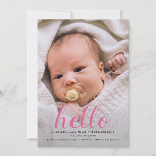 Hello Baby Modern Girl Birth Announcement 