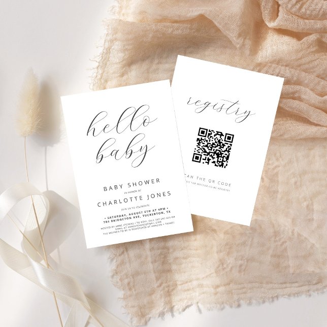 Hello Baby Modern Minimal QR Code Baby Shower Invitation (Creator Uploaded)