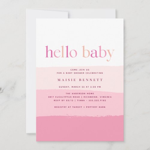 Hello Baby  Modern Pink Ombre Girl Baby Shower Invitation