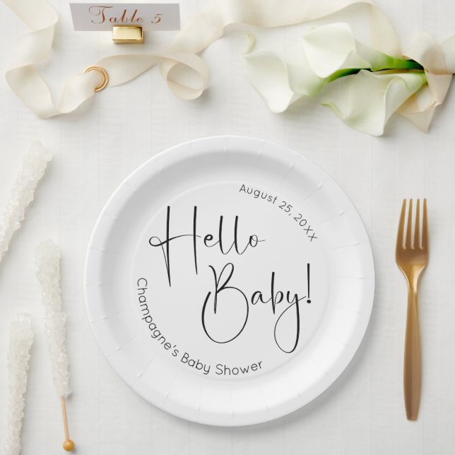 Hello Baby Modern Script Baby Shower Paper Plates (Wedding)