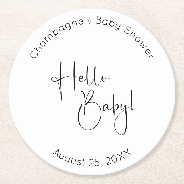 Hello Baby Modern Script Baby Shower Round Paper Coaster (Front)