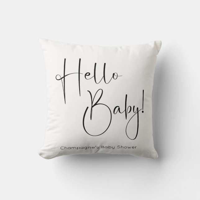 Hello Baby Modern Script Baby Shower Throw Pillow (Front)
