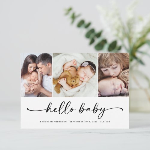 Hello Baby  Modern Three Photo Birth Announcement