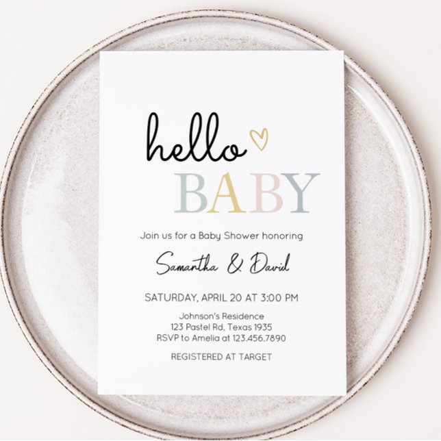 Hello Baby Neutral Minimalist Baby Shower  Invitation (Pastel Letters Minimalist Baby Shower Invitation)