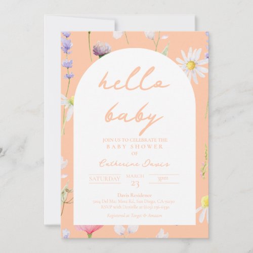 Hello Baby Peach Floral Baby Shower Invitation