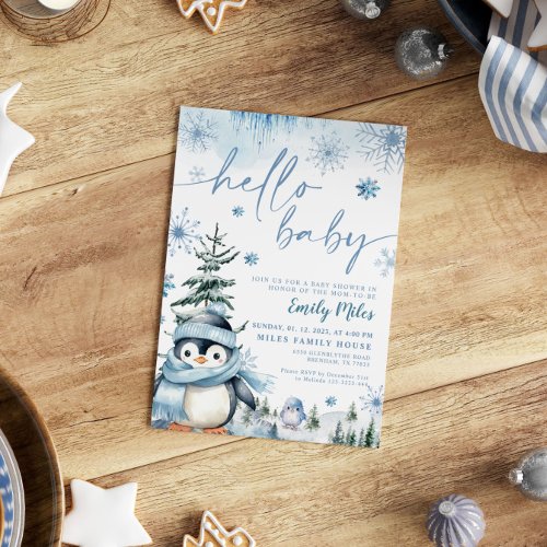 Hello Baby Penguin Winter blue baby shower Invitation