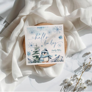 Hello Baby Penguin, Winter blue baby shower Napkins