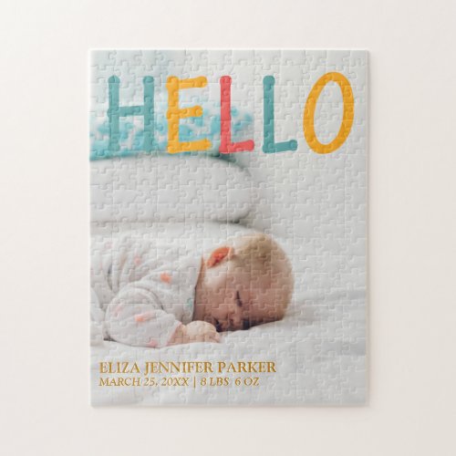 HELLO baby photo birth announcement name and stats Jigsaw Puzzle