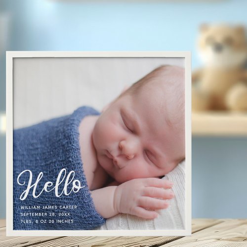 Hello Baby Photo Chic White Script Newborn Stats Peel And Stick Photo Tile