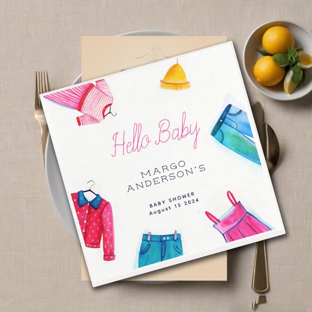 Hello Baby Pink Blue Clothes Baby Shower Napkins (Creator Uploaded)