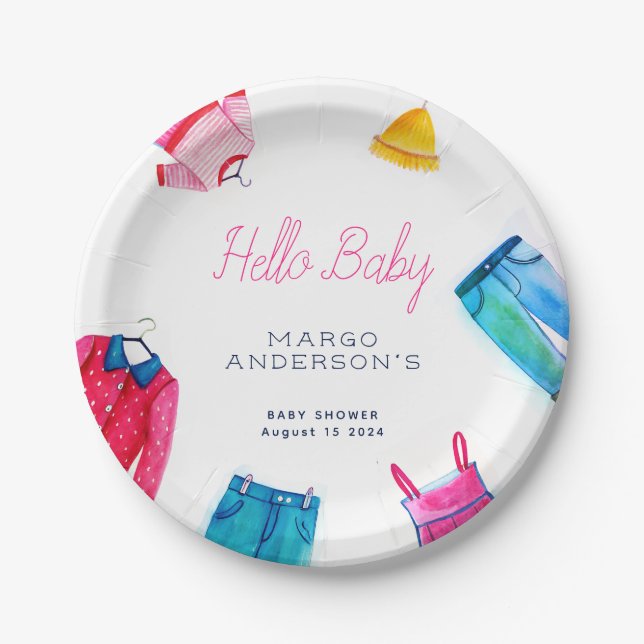 Hello Baby Pink Blue Clothes Baby Shower Paper Plates (Front)